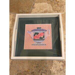 Handcrafted Needlepoint Teapot Design Wood Tray With Handles